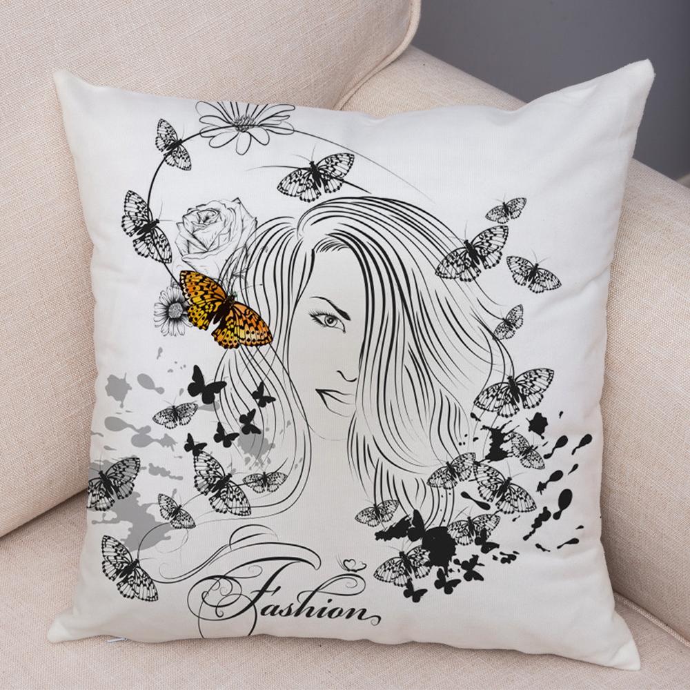 Boho Woman Art Pillowcase Double Print Fashion Lady Cushion Cover Soft Plush Portrait Pillowcase Bedroom Decor