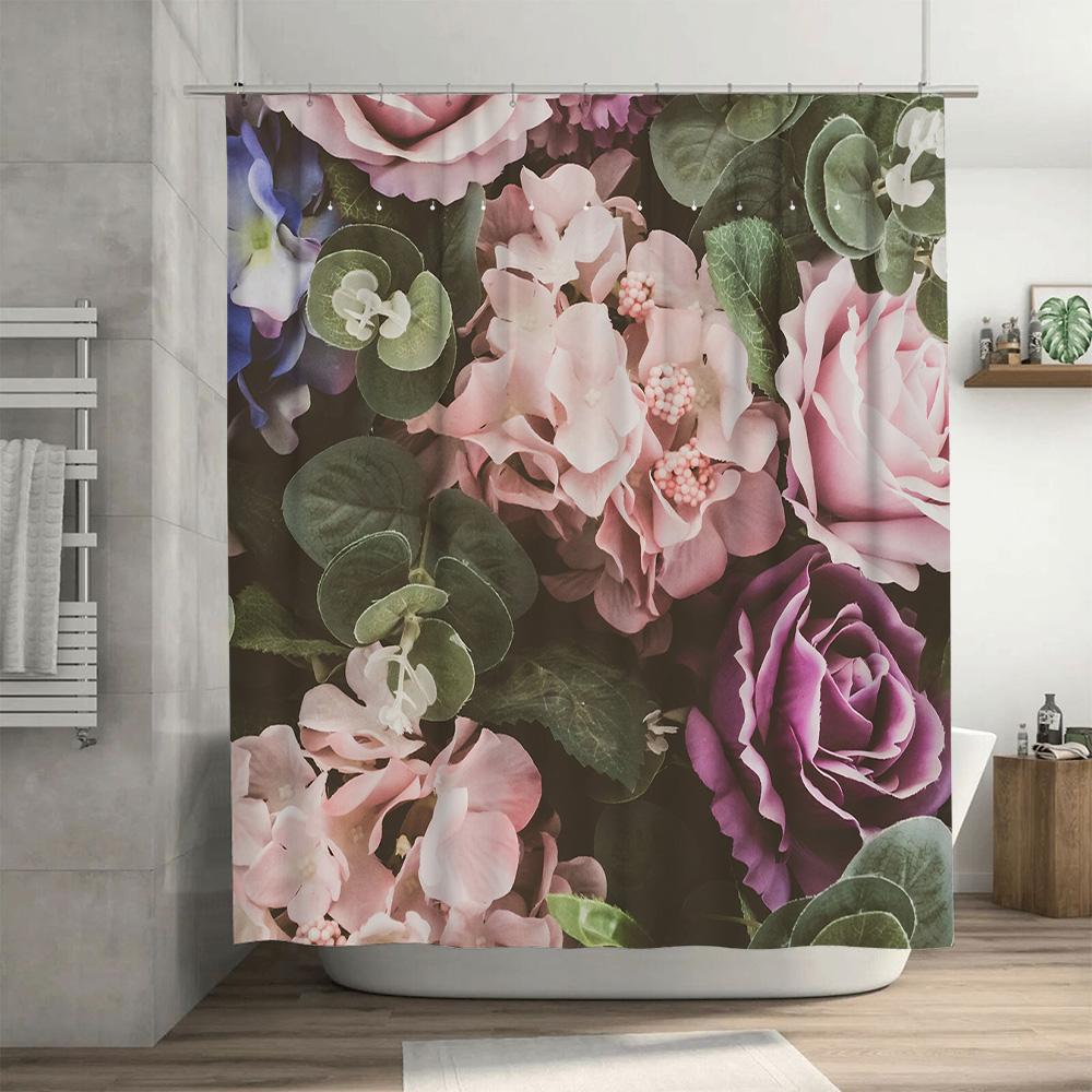 Zasłona prysznicowa z nadrukiem kwiatowym, Różowe Fioletowe Róże Hortensje Wystrój Ogrodu Wkładka do łazienki Wodoodporna Tkanina Poliestrowa Wystrój Domu