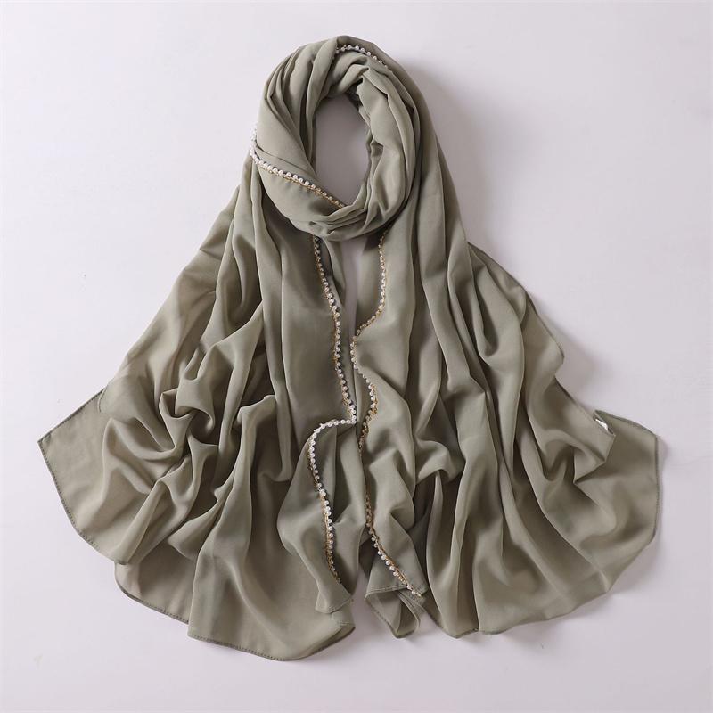 Luxury  Pearl Chain Bubble Chiffon Hijab Veil Ramadan Long Necklace Scarf Shawl Headscarf Bufandas Muslim Headband 175*70Cm