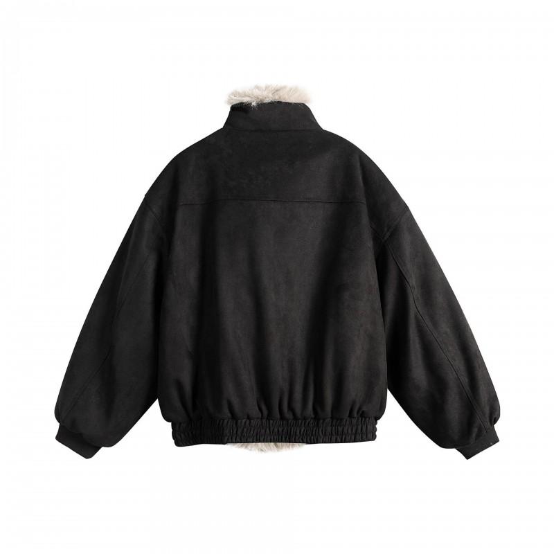Unisex Retro Suede Cotton Puffer Jacket Winter Warm Oversized Parka With Stand Collar Side Pockets