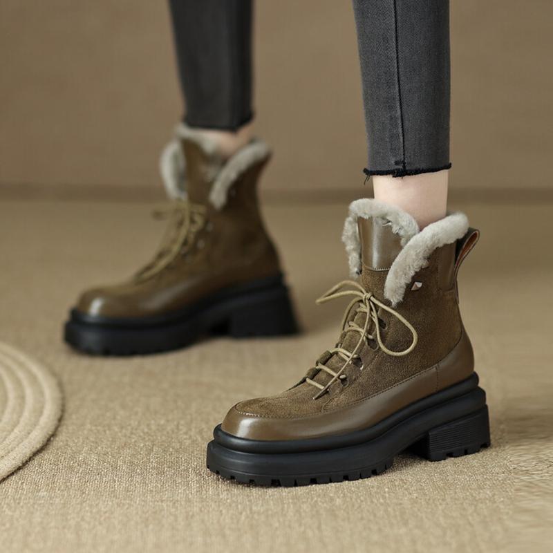 2024 New Popular Cross-Tied Women Ankle Boots Winter Warm Wool Snow Boots Genuine Leather Thick Heels Casual Outdoor Shoes Woman
