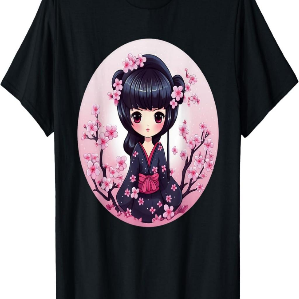 Cute Kokeshi Doll With Cherry Blossoms I Kokeshi T-Shirt(4)
