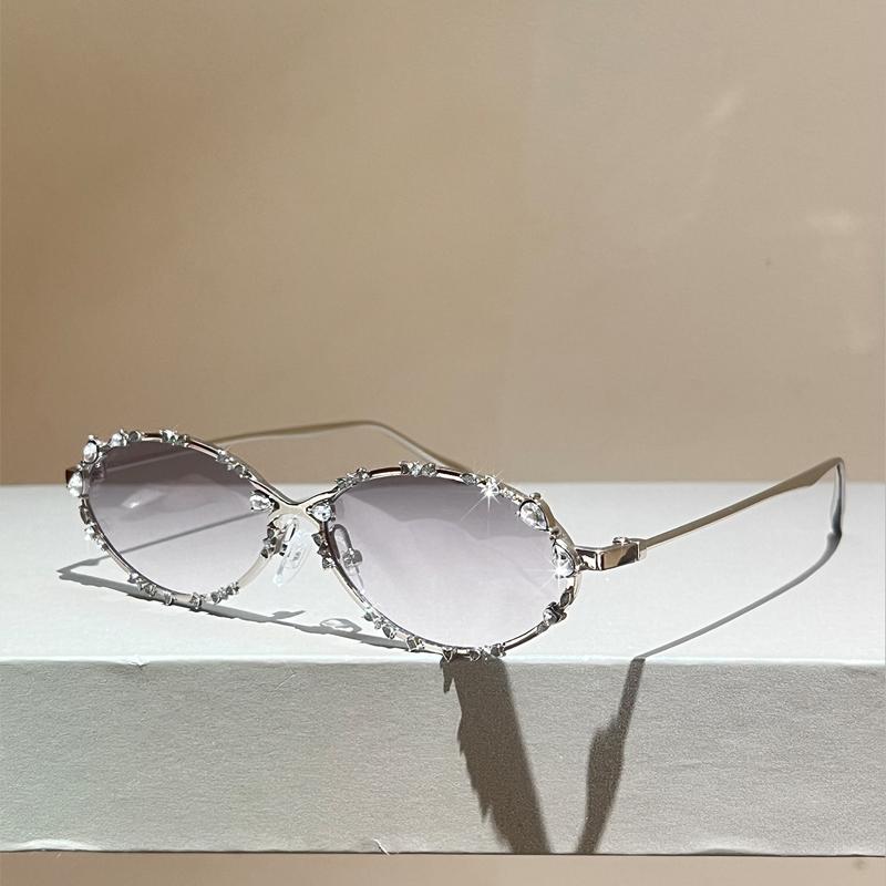 KAMMPT Vintage Oval Sunglasses with Rhinestones Women Fashion Retro Metal Rim Decor Shades New Trendy Elegant Casual Sun Glasses
