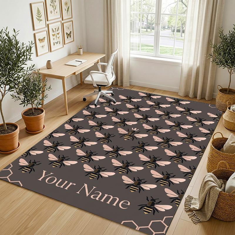 Bee Floral Theme Soft Crystal Velvet Rug Custom Name & Text Print Non Slip Floor Rug for Bedroom Living Room