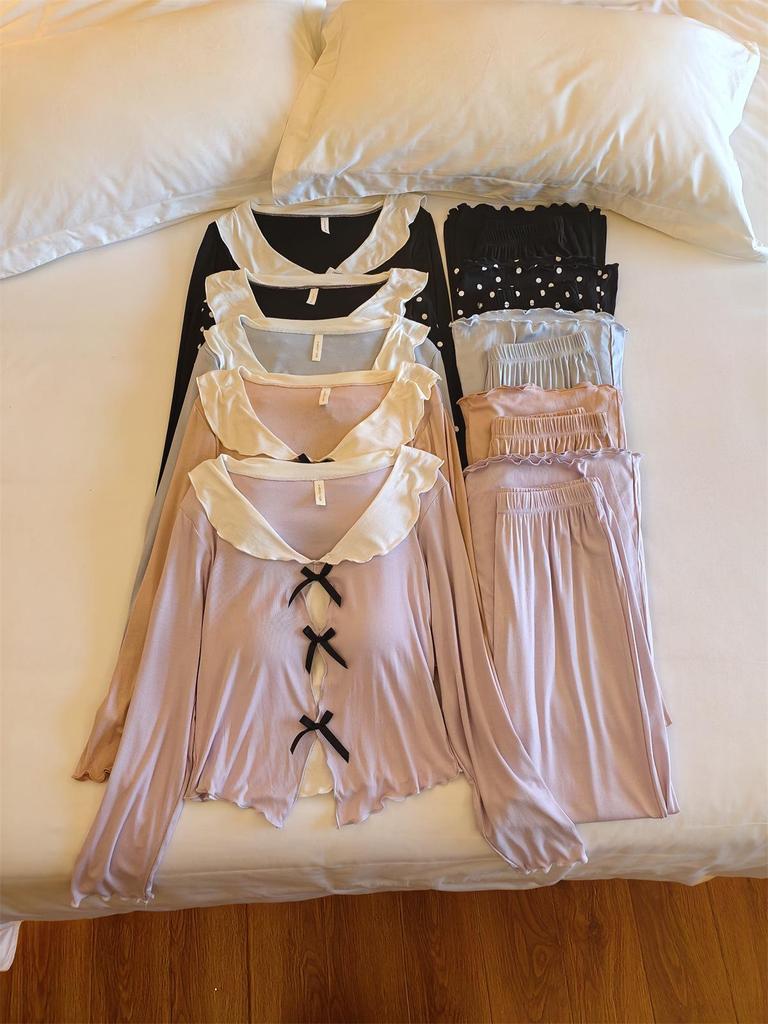 Women's Long Sleeve Pajama Set with Chest Pads - Bowknot Design, Korean Style, Suitable for Spring To Winter.