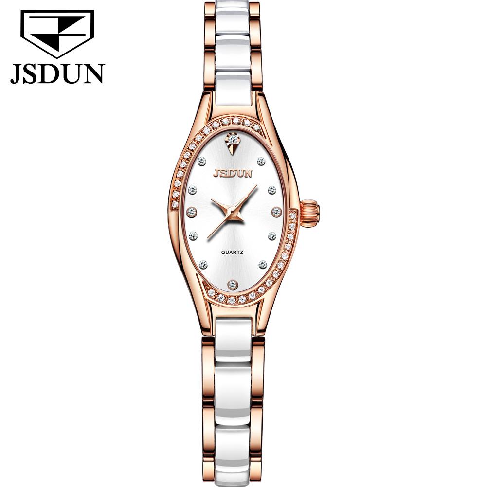 JSDUN Schweizer Quarzuhr für Damen Elegante Luxus-Roségold Keramik Stahlarmband Mode Ovales Diamantzifferblatt Armbanduhren 8842