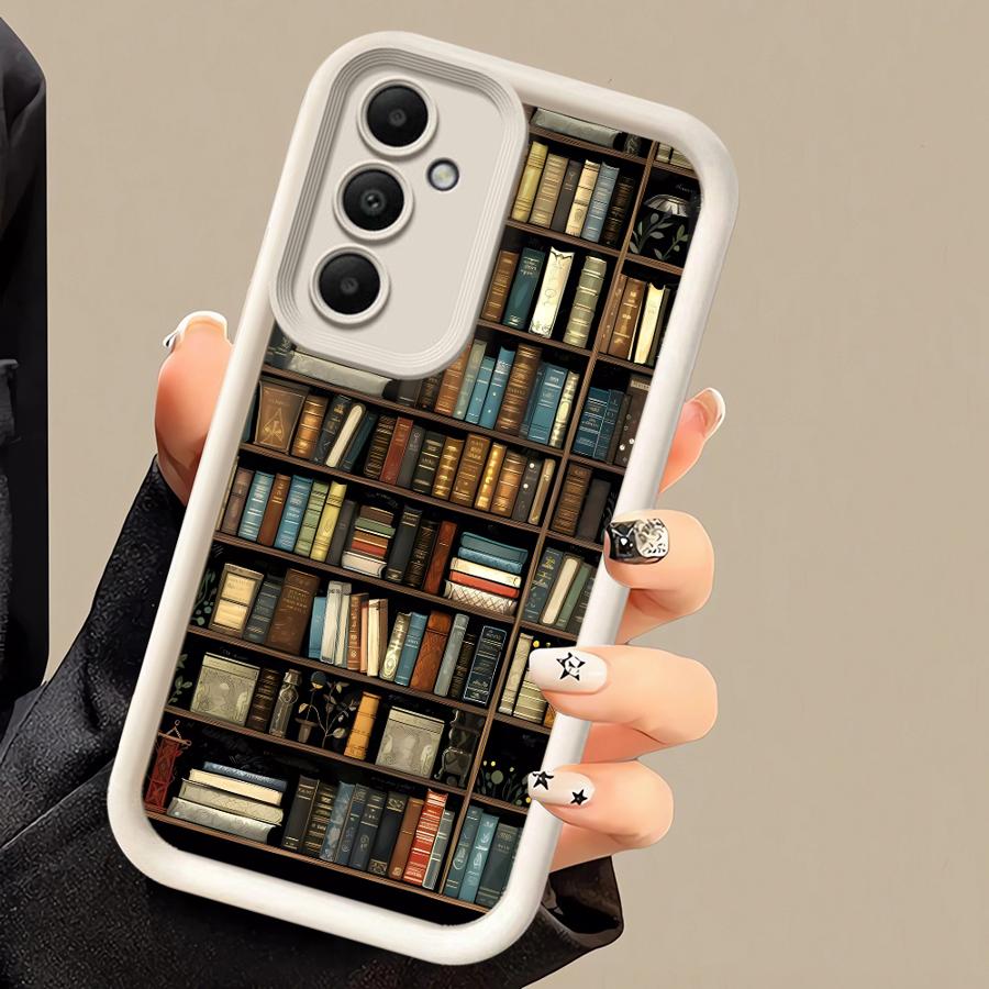 Coque de téléphone pour Samsung Galaxy A16 A34 A12 A14 A32 A23 A26 A56 A15 A51 A73 A53 A54 Coque souple Étagère à livres vintage Chaton