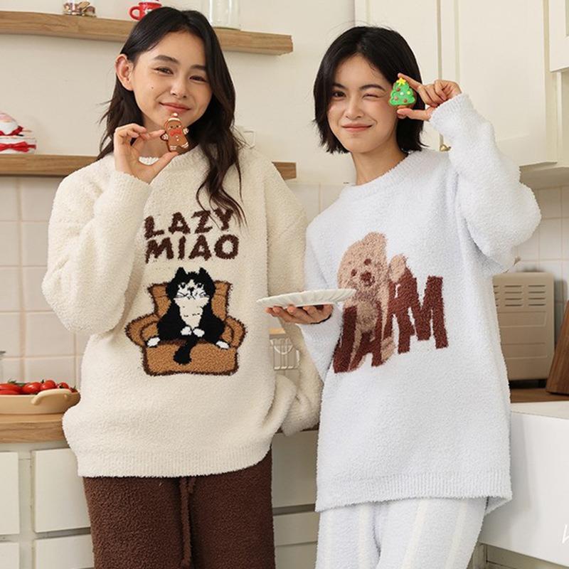 Half fleece pajamas women's suit cute animal Christmas red fleece thickened lazy comfortable loungewear winter