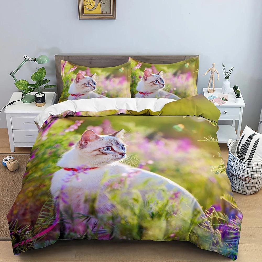 3D Cat Printed Bedding Set Duvet Cover King Size with Zipper Closure Luxury Bed Set Comfortable Polyester Quilt Cover