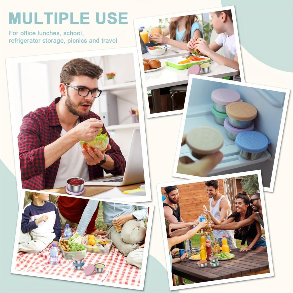 1.6 oz Stainless Steel Salad Dressing Containers with Leak-proof Silicone Lids. Ideal for Lunch Boxes, Picnics & Travel.