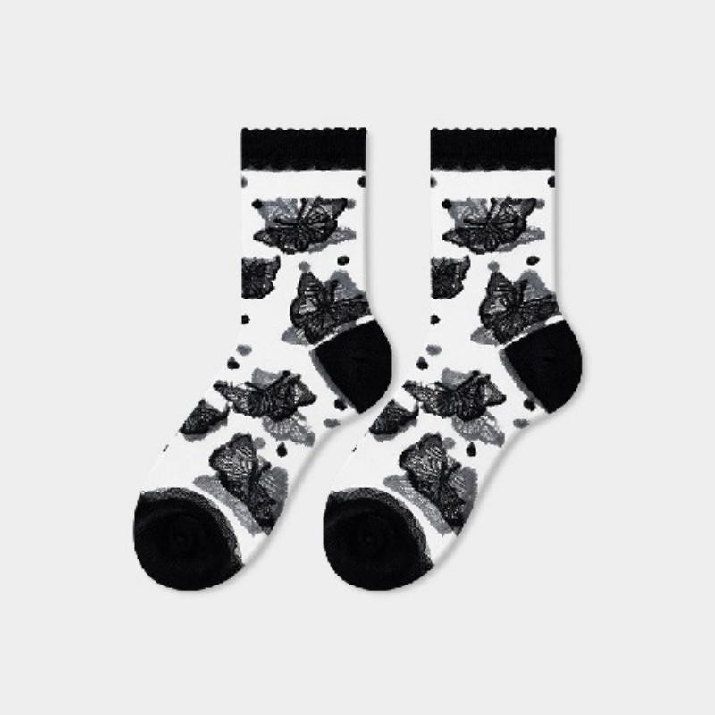 Ultra-thin Transparent Crystal Silk Socks Women Fashion Summer Harajuku Crew Socks Retro Flower Streetwear Elastic Long Socks
