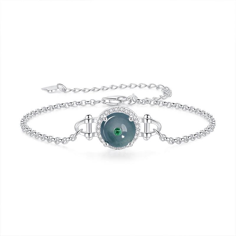 Ping An buckle sterling silver s925 bracelet, natural blue water jadeite retro exquisite temperament, new jewelry women's daily jewelry gifts