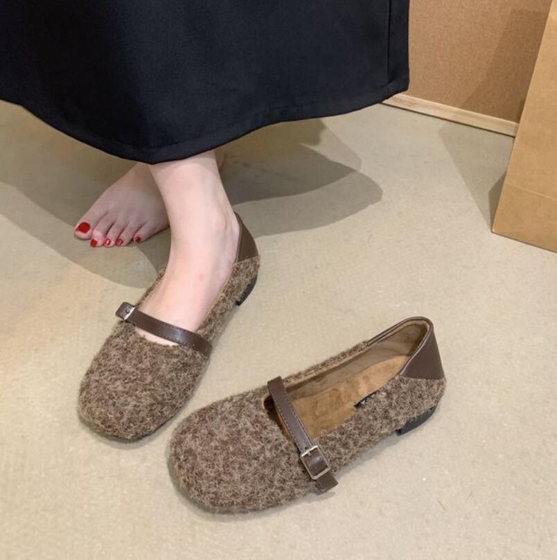 Designer Vintage Women Warm Fur Flats Shoes Fashion Shallow Belt Buckle Spring Autumn Ladies Comfort Loafers Women's Ankle Boots