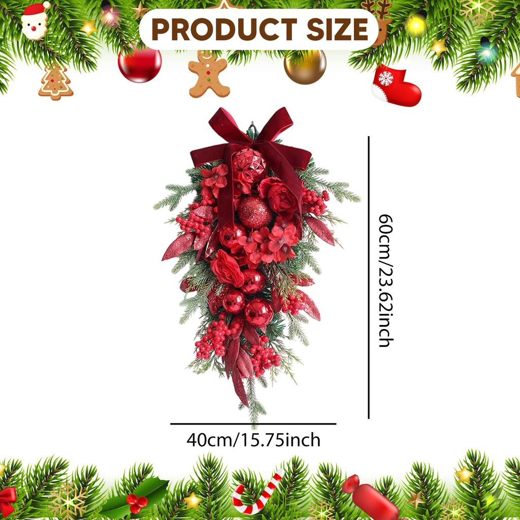 Winter Xmas Decorative Door Wreath Realistic Teardrop Swag for Entryway Home Wall Decoration