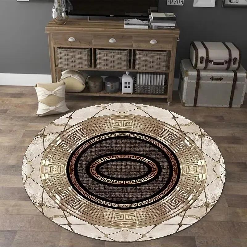 Luxury Round Area Rug Collection With Marble Greek Key Palm Leaf Patterns Modern Minimalist Carpet For Living Room Decor