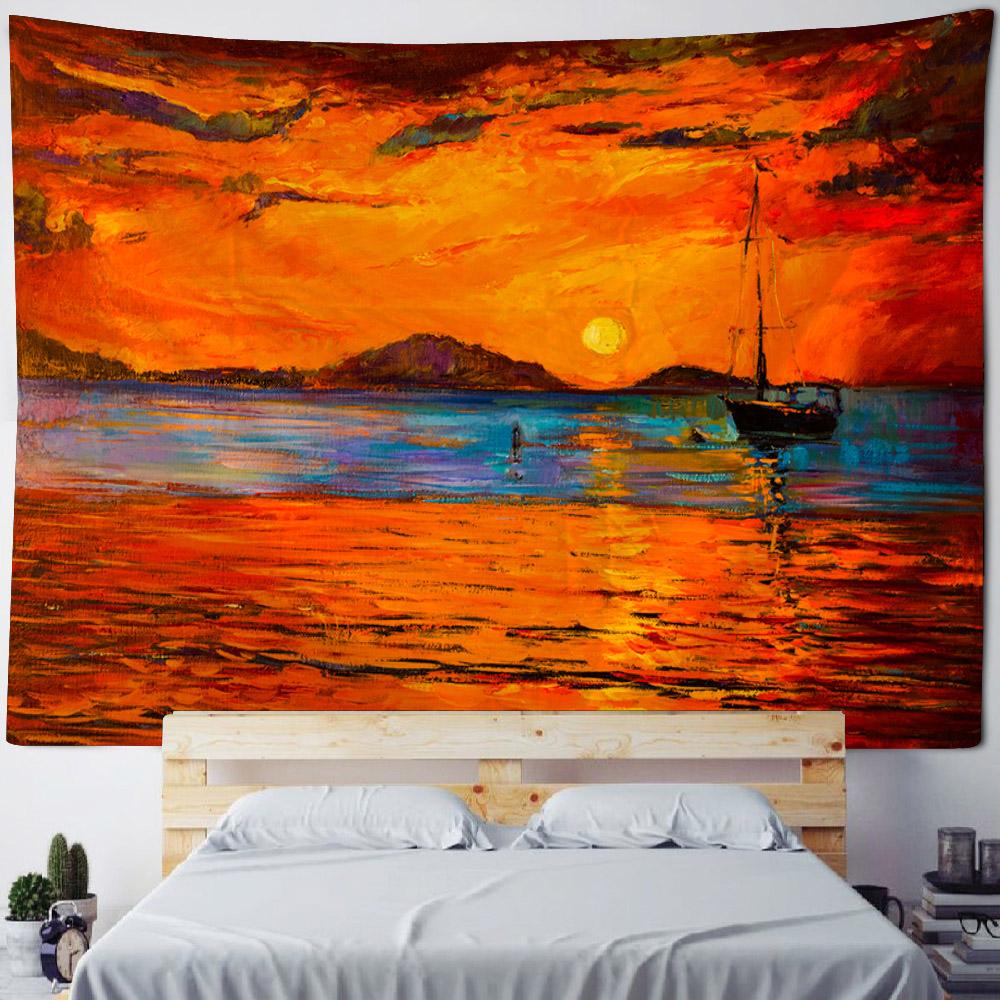 Sea View Oil Painting Tapestry Wall Hanging Living Room Bedroom Office Aesthetic Decoration Mural Home Background Hanging Cloth