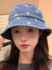 Womens Summer Embroidered Daisy Bucket Hat Washed Effect Wide Brim Sun Hat For Outdoor Beach Travel