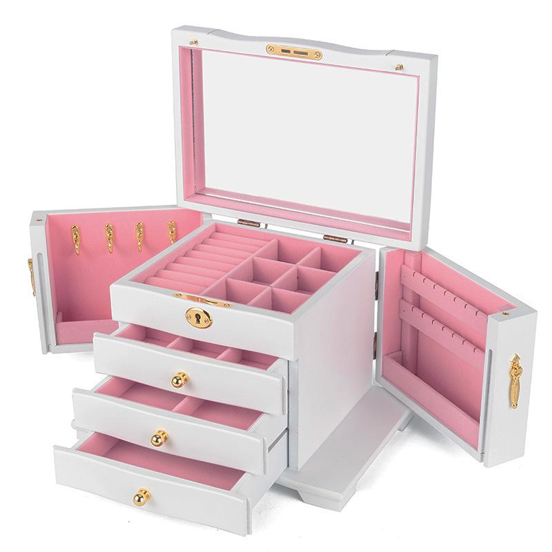 Mid-Century Solid Wood Jewelry Box with Lock: Multi-Layer Storage and Velvet Interior