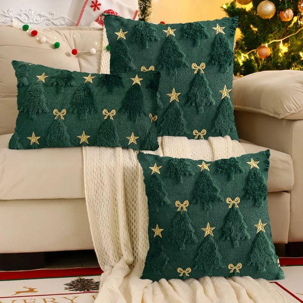 1PC Short Christmas Pillow Cover Soft Comfortable Xmas Tree Pillowcase Embroidered Bowknot Five-pointed Star Cushion Slipcover