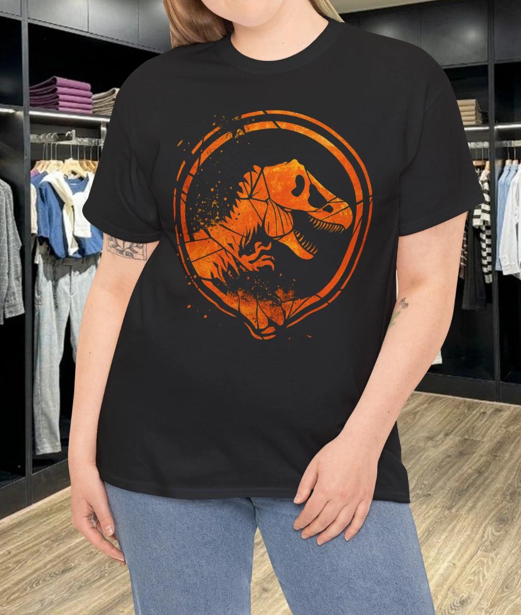 Men s and Women s T-shirts Jurassic World T-Rex Fossil Logo Orange Splash Graphic Black T-Shirt XXXXL
