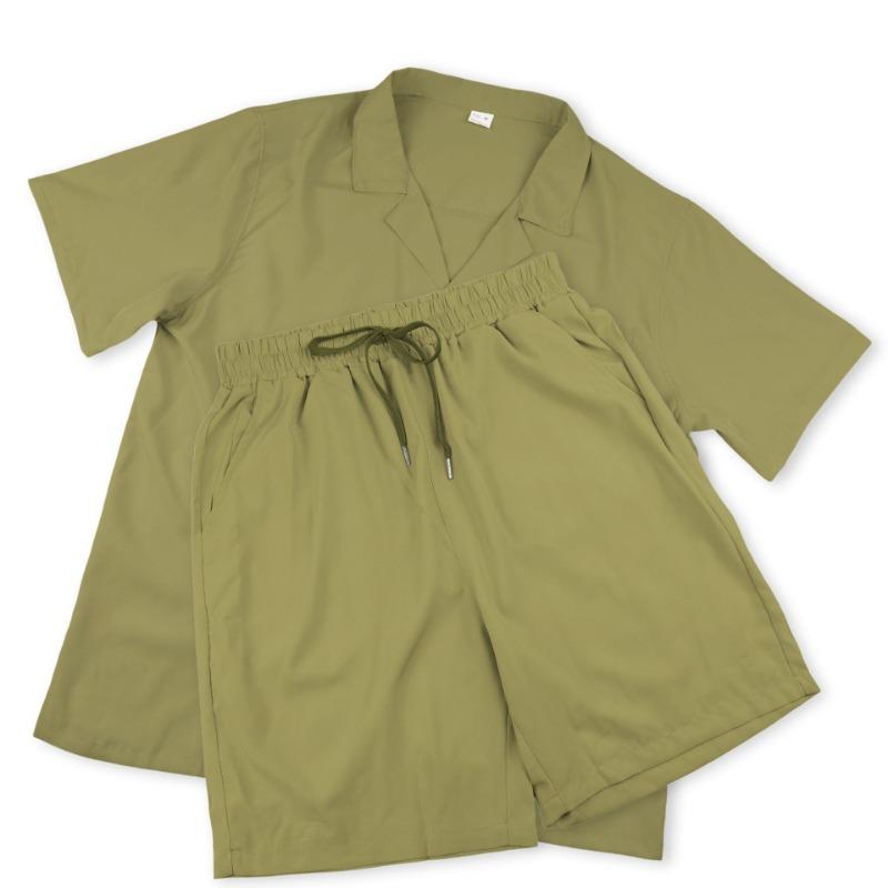 Conjunto Informal de Dos Piezas para Hombre: Camisa de Manga Corta con Solapa de Color Sólido y Pantalones Cortos