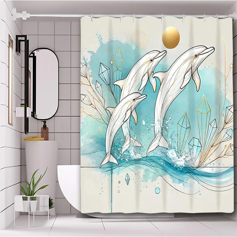 Karton Delfin Muster Duschvorhang Badezimmer Duschvorhang Wasserdicht Mit 12 Haken Heimdeko
