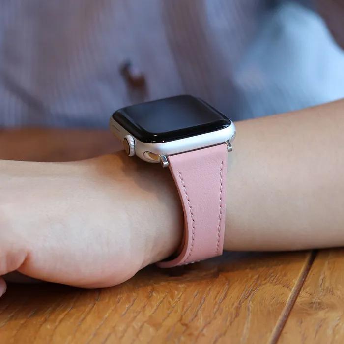 Apple Watch Slim Leather Strap Compatible with All 7 6 5 4 3 2 1 SE Models (Pink)