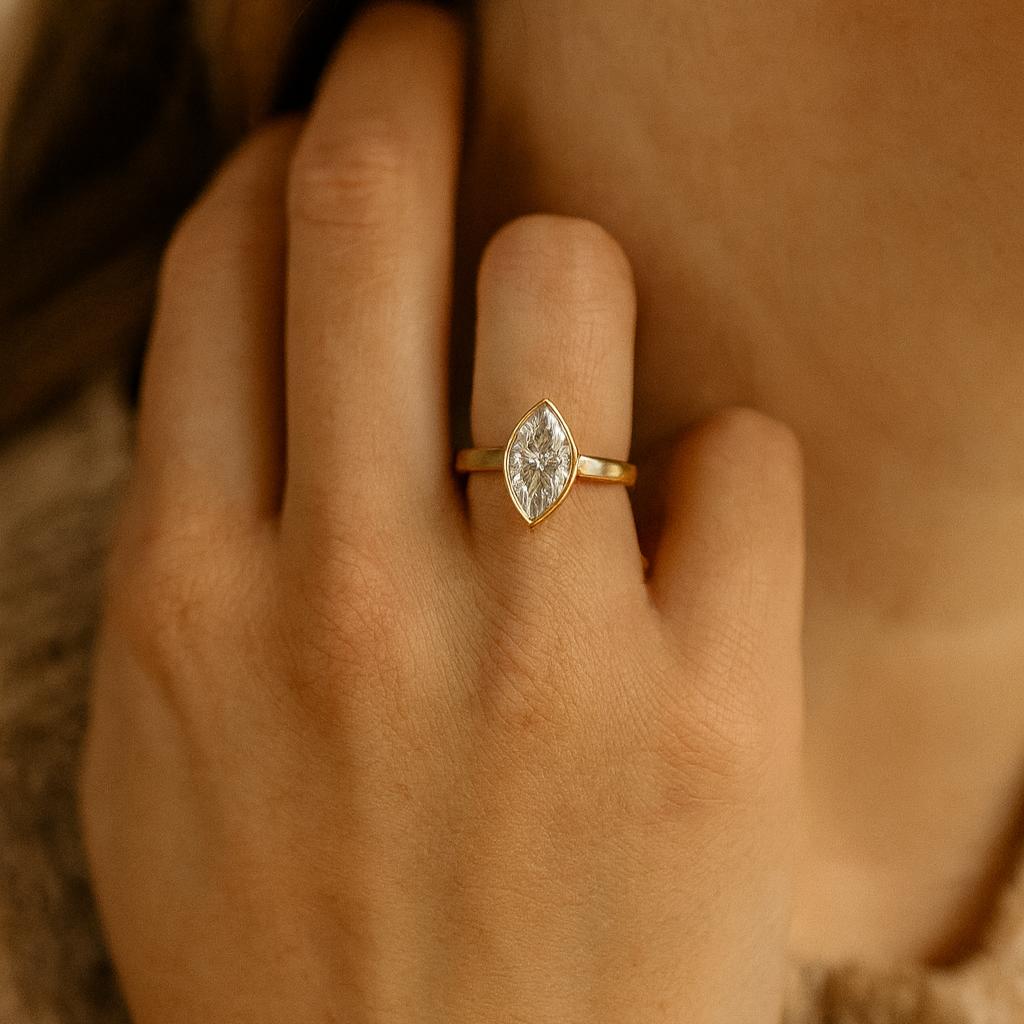 Bezel Set Marquise Cut Moissanite Engagement Ring, Solitaire Wedding Ring, Minimalist Statement Ring, Gift For Her