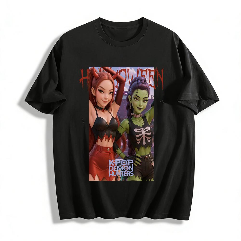 

Halloween Kpop Demon Hunters Print Top Spooky Party Themed Graphic Tee For Women Pure cotton T-shirt XXS