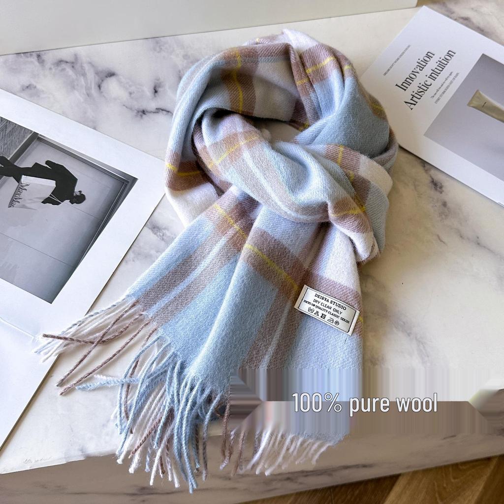 100% Reine Wolle Blauer Karoschal - Warmer, Vielseitiger Halswärmer für den Winter