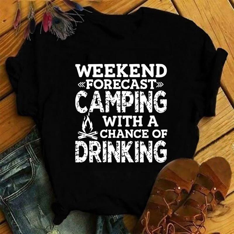 Women Fashion Summer T Shirts Camping Letter Print T-Shirts  Unisex Short Sleeve Graphic Tee Casual T Shirts Tops