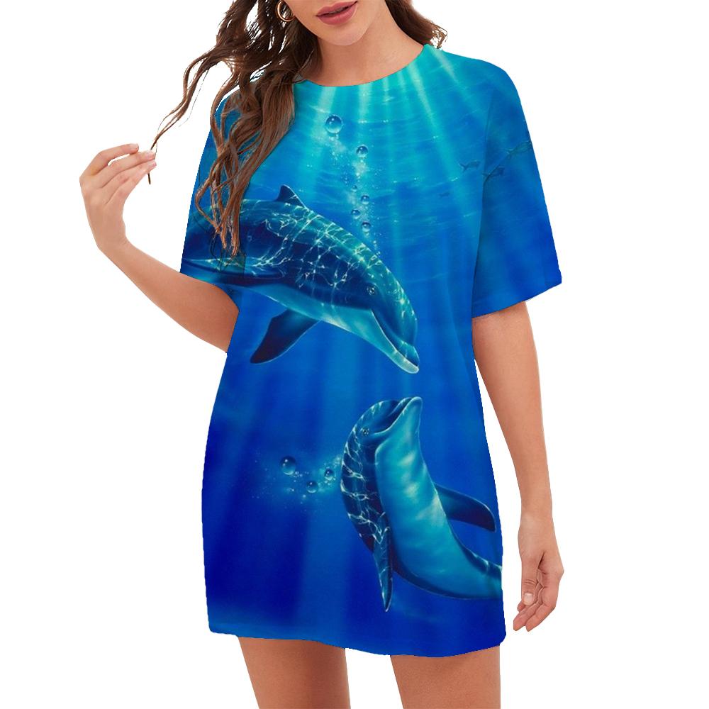 

Платье с 3D принтом кита и дельфина, летние пейзажи, пляжный стиль, веганское платье большого размера, женские повседневные платья с короткими рукавами и графикой S