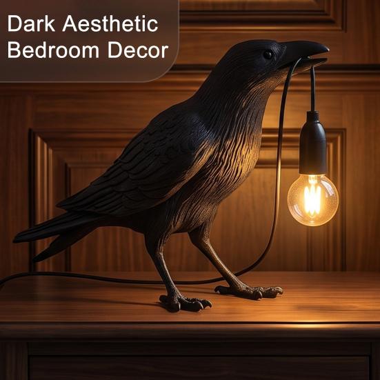 Tabletop Accent for Study Crow Table Lamp, Gothic Raven Night Light, Halloween Black Bird Artistic Wildlife Sculpture Lamp Dark Academia Desktop