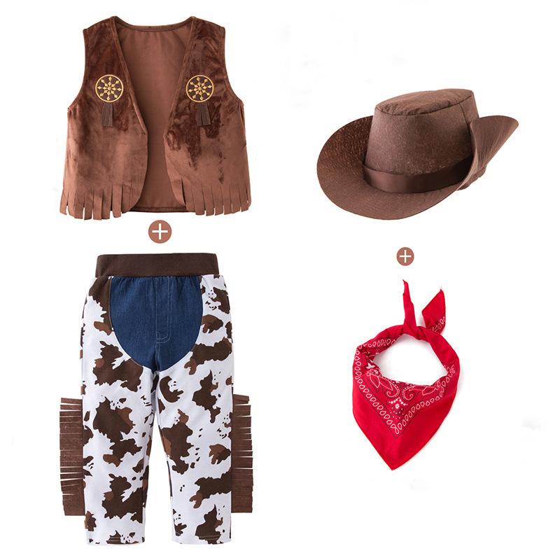 Kids Western Cow boy 4 Piece Costume Set with Hat Toddler Role Play Outfit Festival Performance Wild West Themed Fun Look
