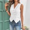 Moda Camisa de Encaje sin Mangas con Cuello en V Chaleco Cardigan Ajustado Color Sólido Gancho Flor Hueca Encaje Dulce Top Elegante Blanco Irregular Casual Ropa Sencilla