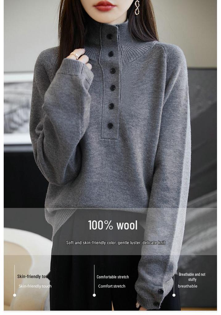 Women's 100% Wool Korean-Style Knit Sweater - Button Half-Open Stand Collar, Loose, Thickened for Autumn/Winter