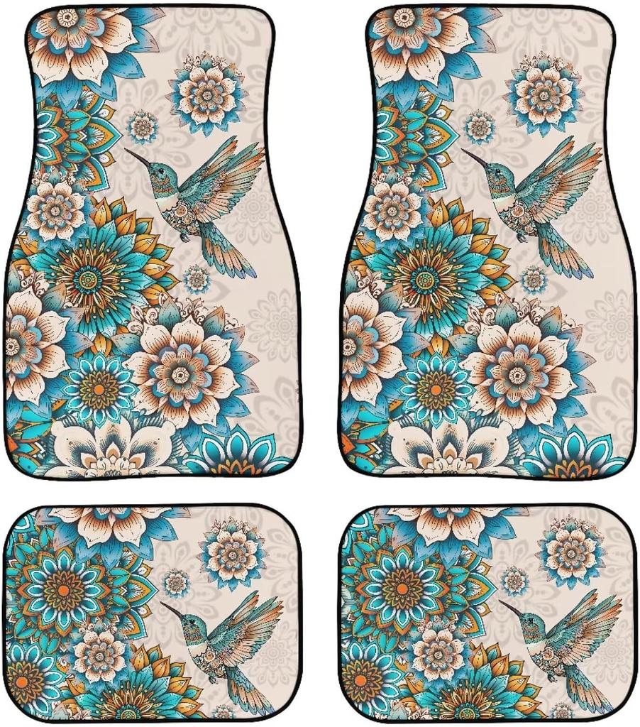 Universal Fit Auto Carpet Floor Mats Set of 4 for Women Girls Decorative Boho Floral Print Car Floor Mats Front & Rear Liners Set