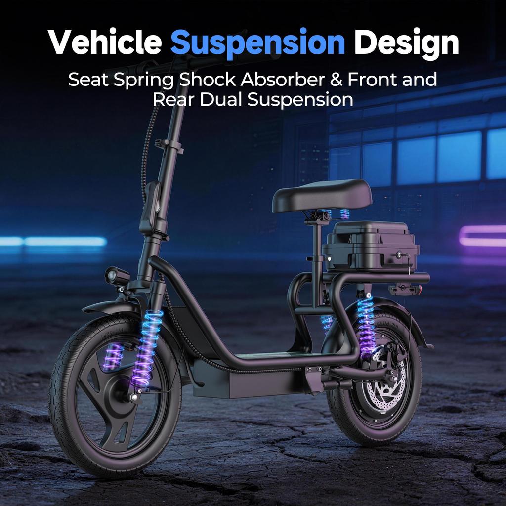 AOVOPRO ESBSXLX Dual Suspension 500W 14 Inch Commuter Electric Scooter 10.4Ah with Seat & Carry Box for Adult-Up To 27 Miles