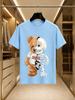 2026 New Pure Cotton Tshirt Half Plush Half Skull Patchwork Bear Print Crew Neck Top Unisex Trendy Brand Loose Fit Versat