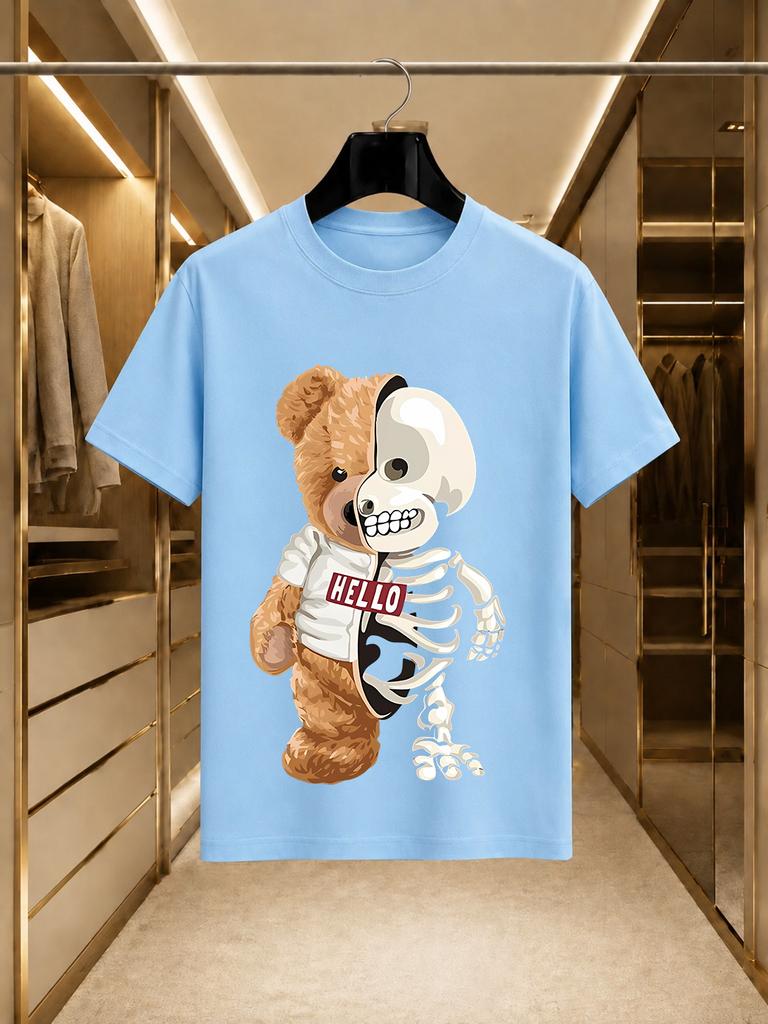 2026 New Pure Cotton Tshirt Half Plush Half Skull Patchwork Bear Print Crew Neck Top Unisex Trendy Brand Loose Fit Versat