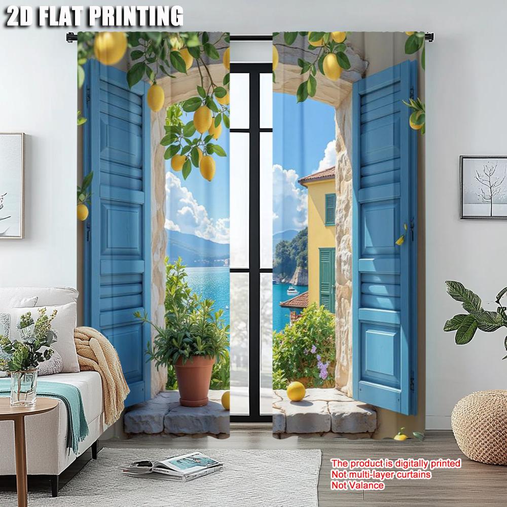 Set Of 2 Spring Summer Curtains Mediterranean View Lemon Open Versatile Polyester Fabric Decorations Home Use Sheer Made