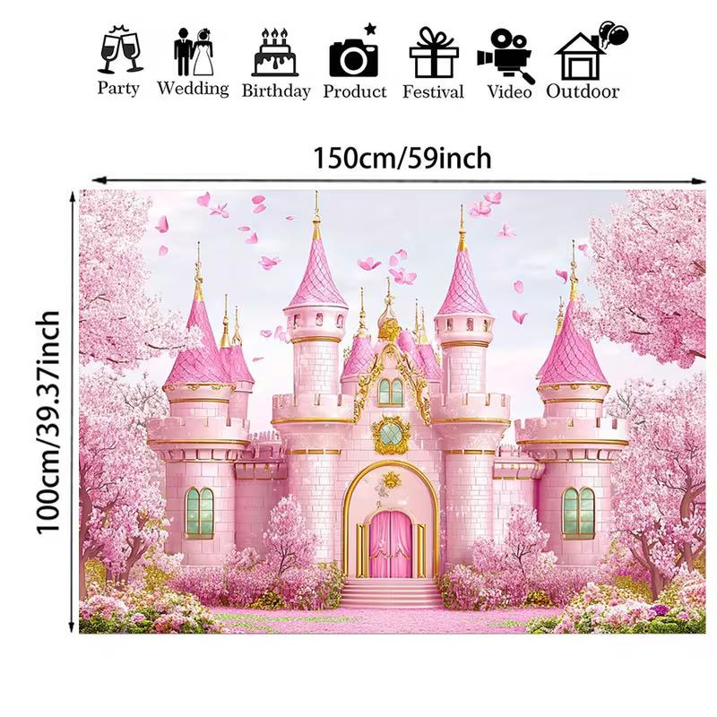 Fondo de Foto de Castillo Rosa 2D con Flores de Cerezo para Fiesta de Cumpleaños Infantil Decoración de Estudio Tela
