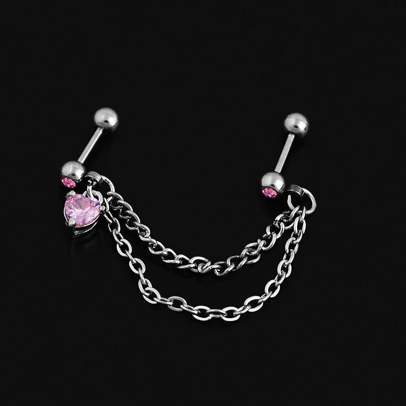 Trendy European & American Titanium Steel Double Chain Heart Zircon Ear Cuff Earrings for Women