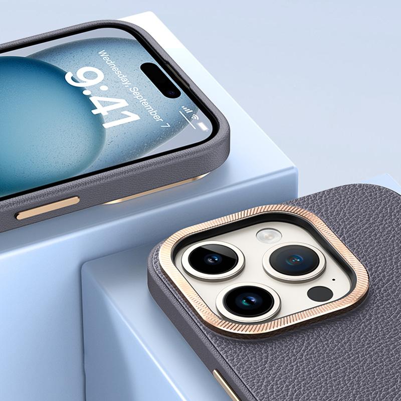 For iPhone 15 Pro PU Leather+TPU Phone Case Anti-Scratch Metal Lens Frame Cell Phone Cover