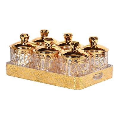 6 Piece Clear Canisters With Decorative Hollow Carving Storage Jar Food Containers with Handle Tray For Home Use