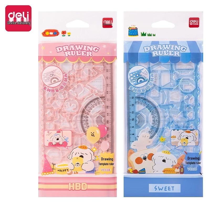 Deli VC118 Drawing Template: Multifunctional Spirograph & Geometric Cutout Ruler for Primary Students 18cm