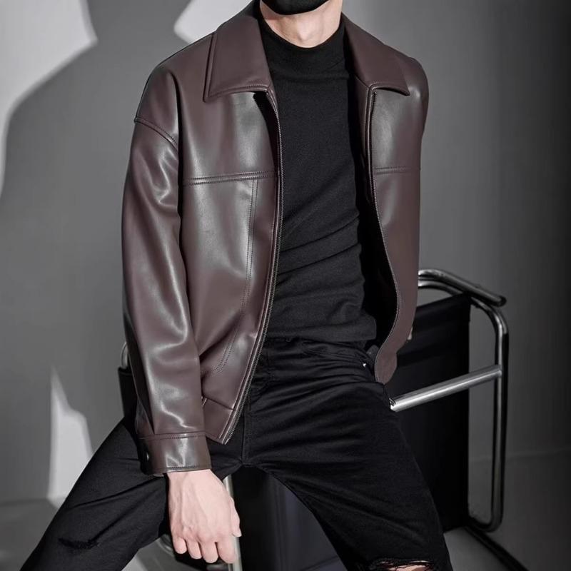 Men S Casual Loose Pu Leather Jacket Turn Down Collar