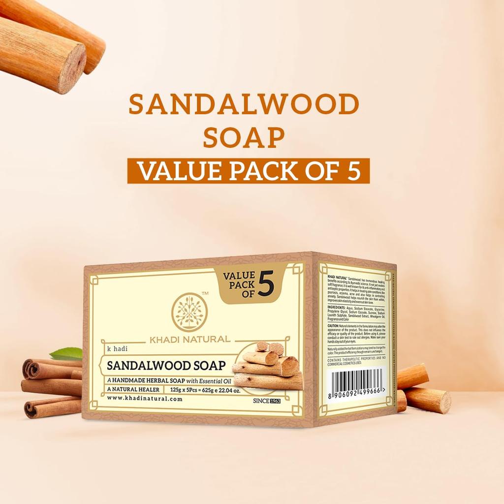 KHADI NATURAL Sandalwood Soap Pack of 1 | Handmade Herbal Bathing Soap for Hydrated Soft Skin, All Skin Types, 125gX 5pcs