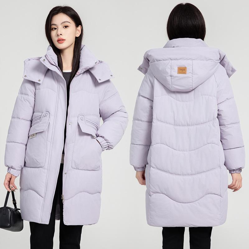 Damen Herbst- und Wintermantel Kontrastfarbe Locker Kapuze Mittellang Verdickt Winddicht Damenjacke 5 Farben