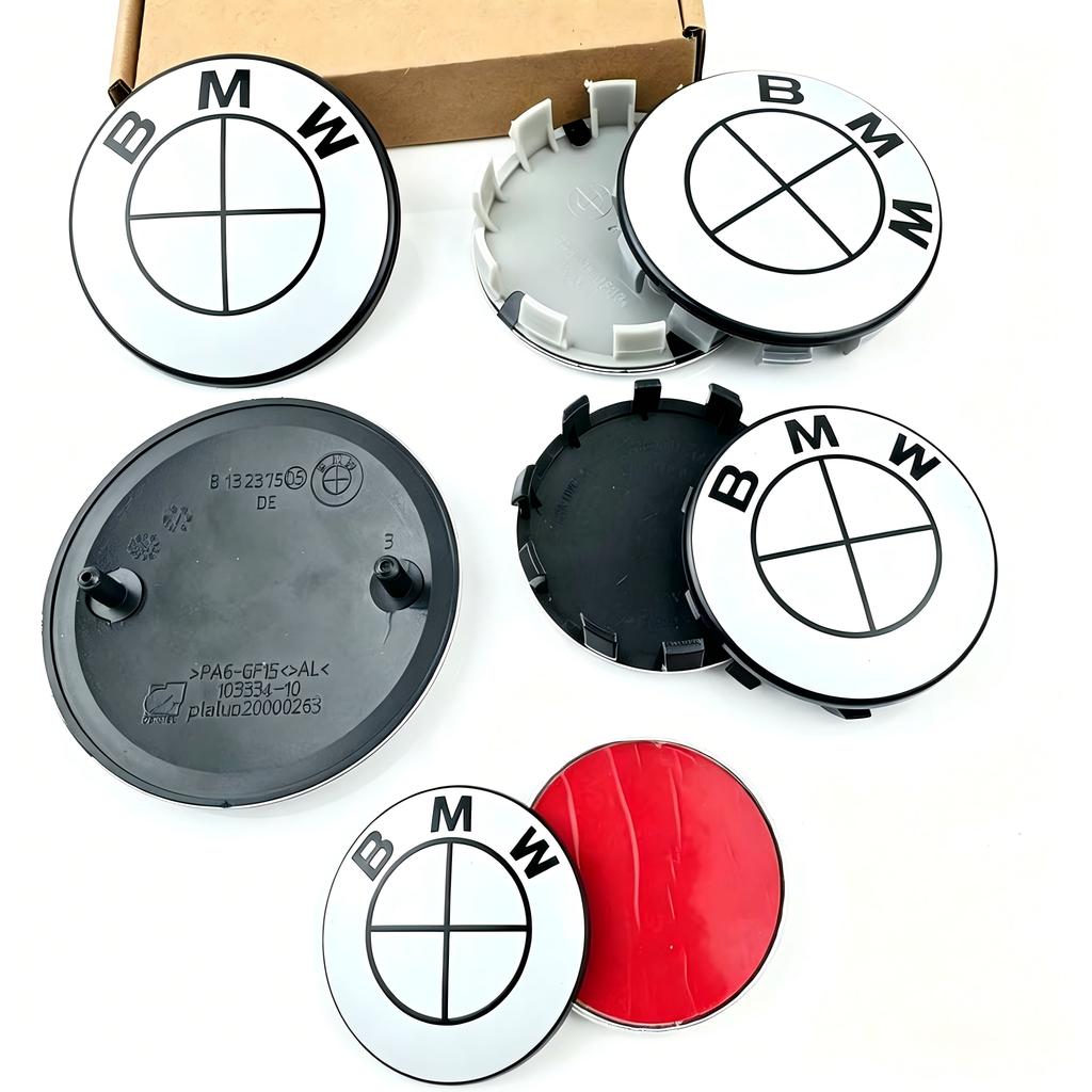 7pcs for BMW E36 E46 E53 E90 E60 E61 E93 E87 50th Car Hood Front Rear Trunk Emblem Wheel Center Hub Cap X1 X3 X5 F30 F20 G30